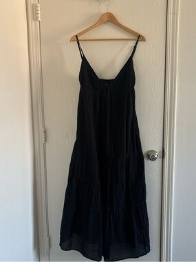 Zara NWT Black Cotton Tiered Midi Dress Sz L Spaghetti Strap Boho Made in India